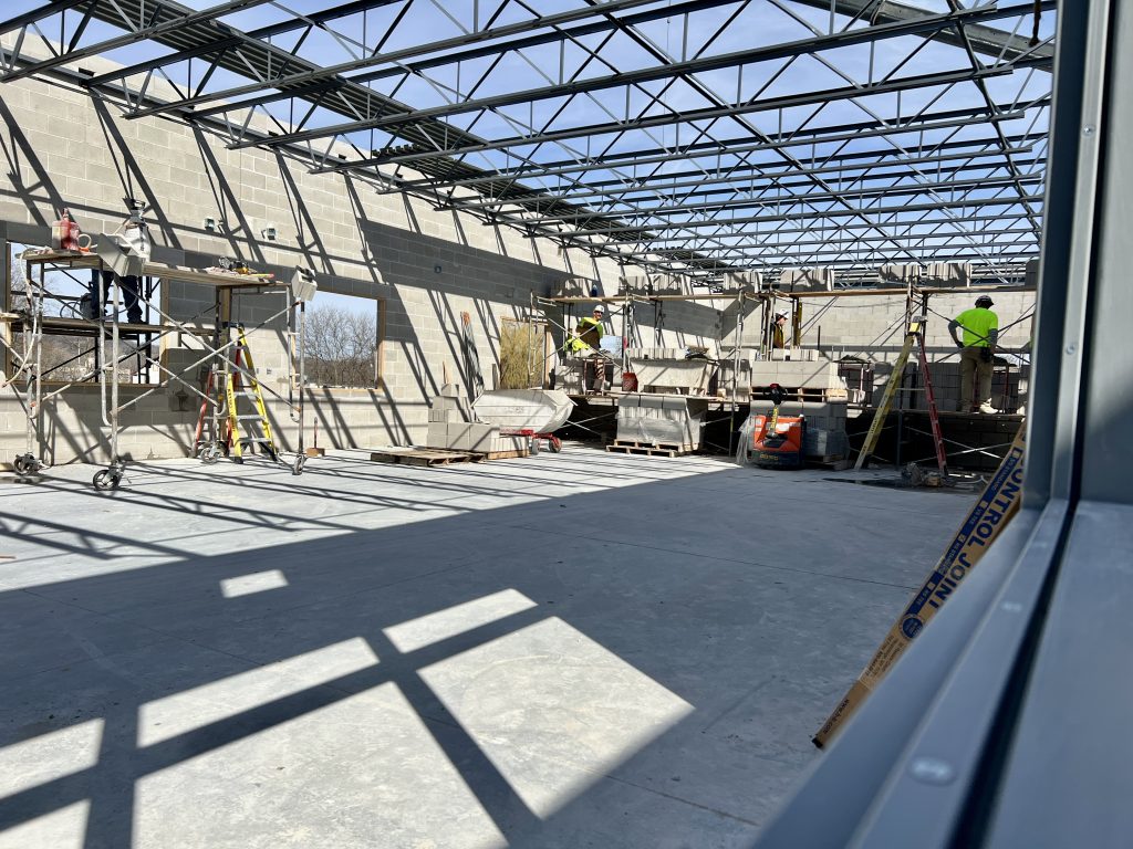 inside incomplete lannon elementary addition. walls and roof partially complete. April 4, 2025.