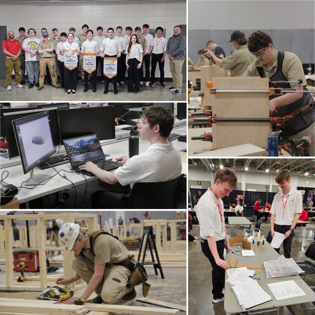 a collage of photos at the competition. one is a group photo with the students proudly showing their award banners. other photos feature the kids doing their woodworking and computer skills.