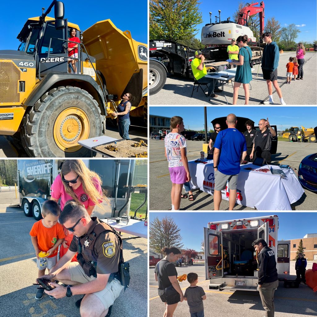 Five pictures of community members engaging with local professionals like the sheriff's department, auto mechanics and construction workers