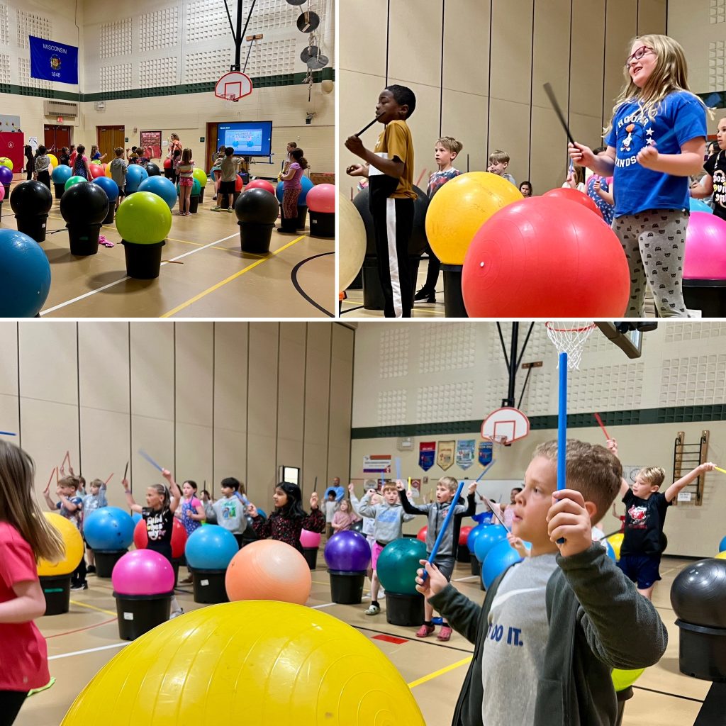 Three pictures of students drumming on exercise balls.