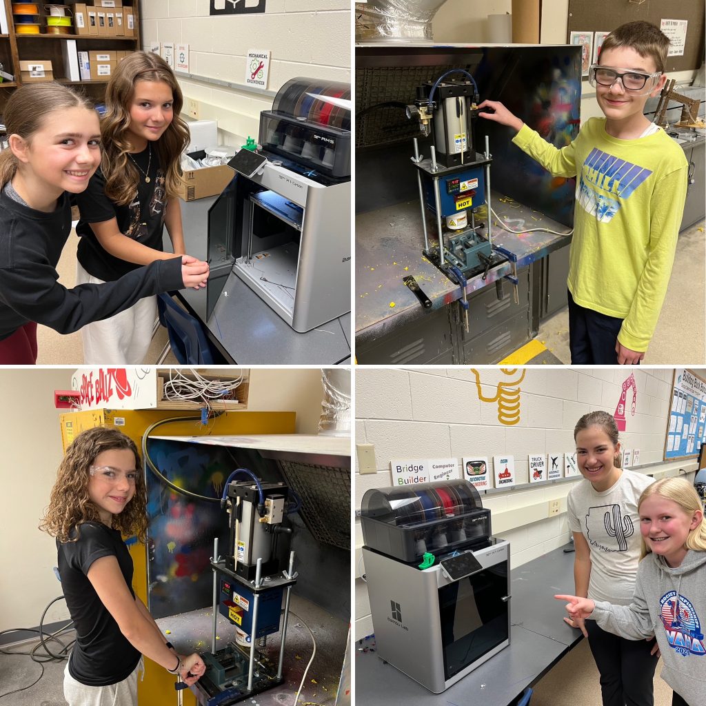 Four pictures of students with injection molding and 3-D printing equipment.