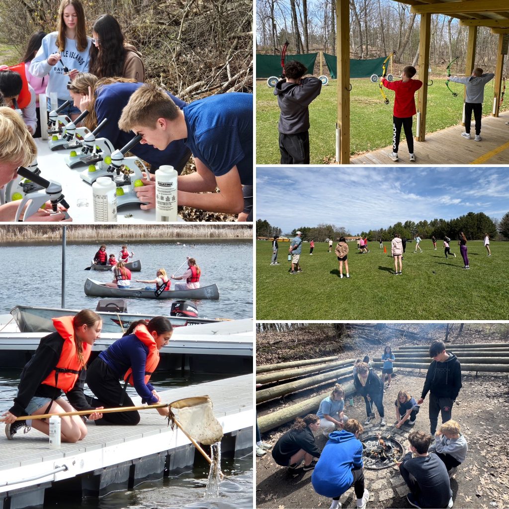 Five photos of students doing various outdoor activities such as archery, fishing and cooking over a campfire.