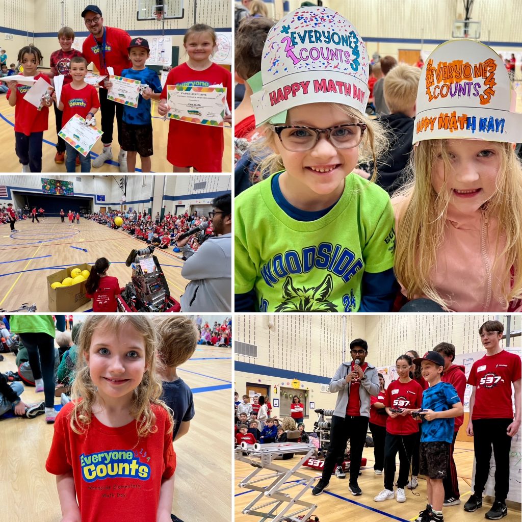 Five photos of students celebrating Math Day during a school assembly by displaying paper airplanes they made and operating robots.