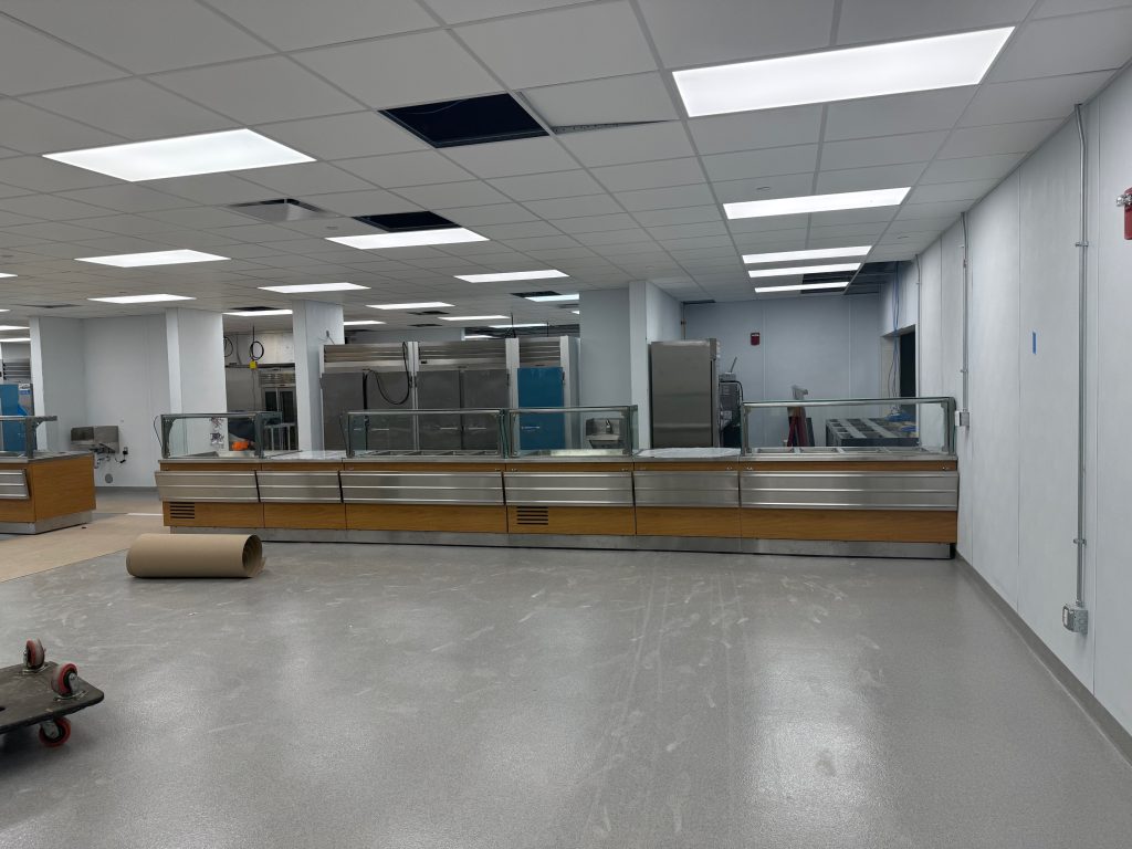 nearly completed renovated food line in Hamilton high school cafeteria