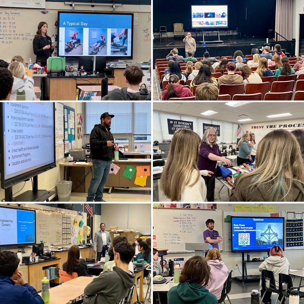 Six photographs of professionals speaking with high school students.