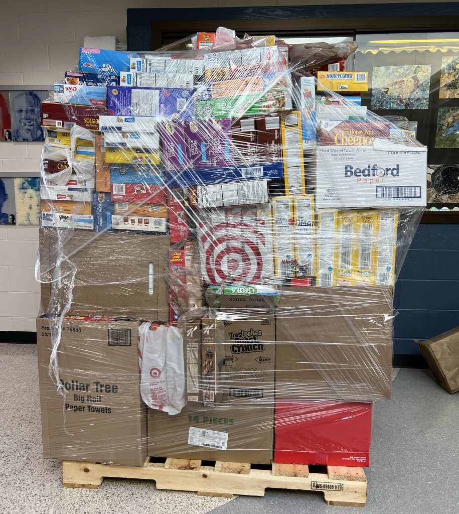 wrapped pallet stacked with cereal boxes