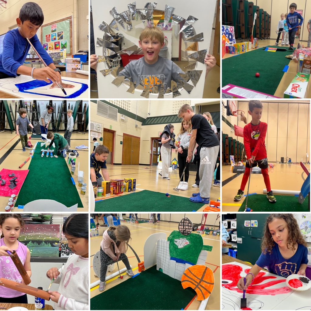 Nine photos of elementary-aged students creating a mini golf course and playing mini golf.