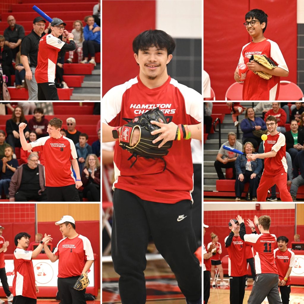 A seven photo collage of high school students playing baseball