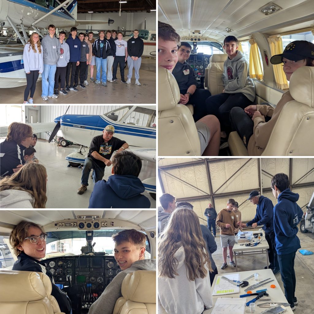 Five pictures of high school students on an aviation field trip.
