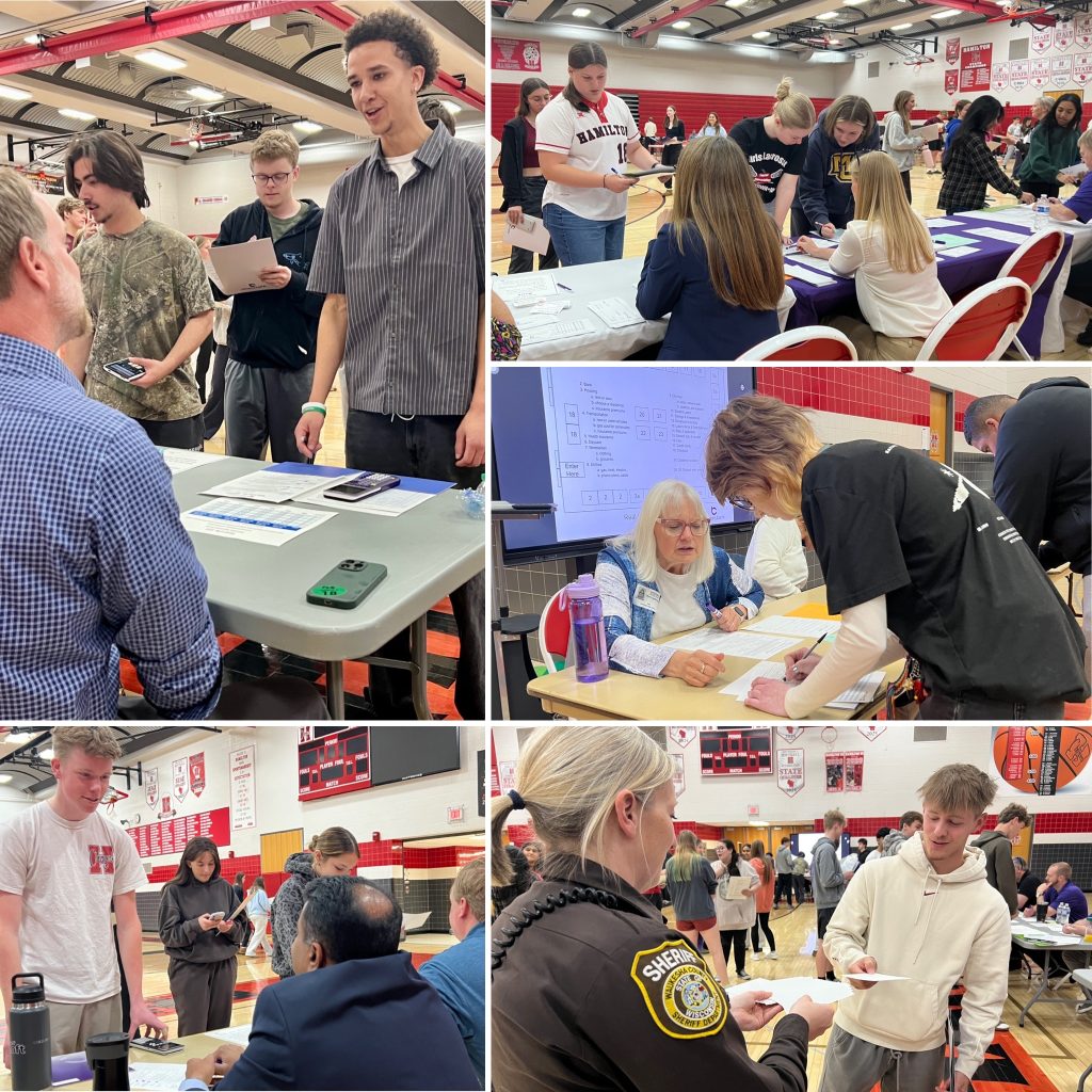Five pictures of high school students participating in a financial simulation activity.