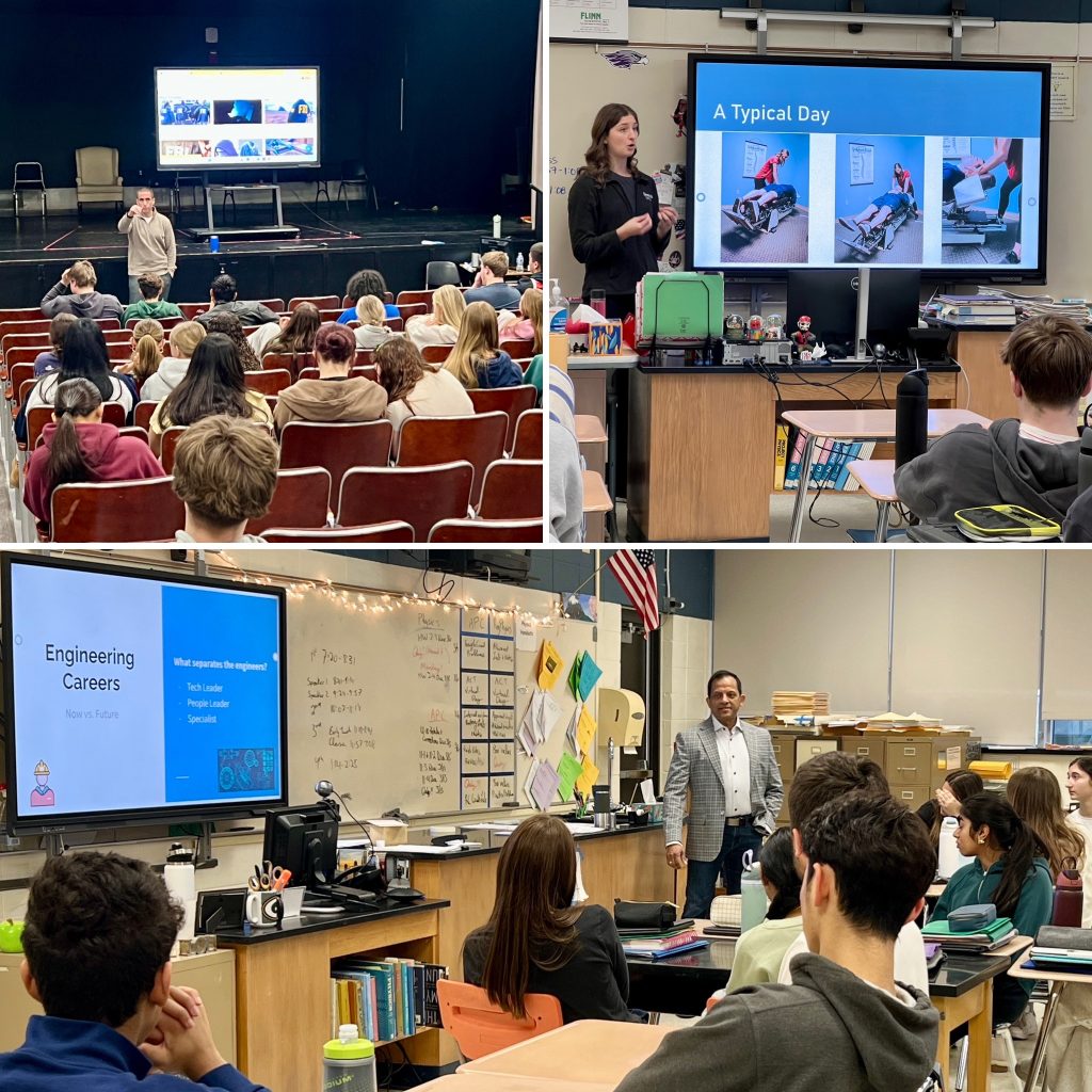 Three pictures of professionals speaking to high school students