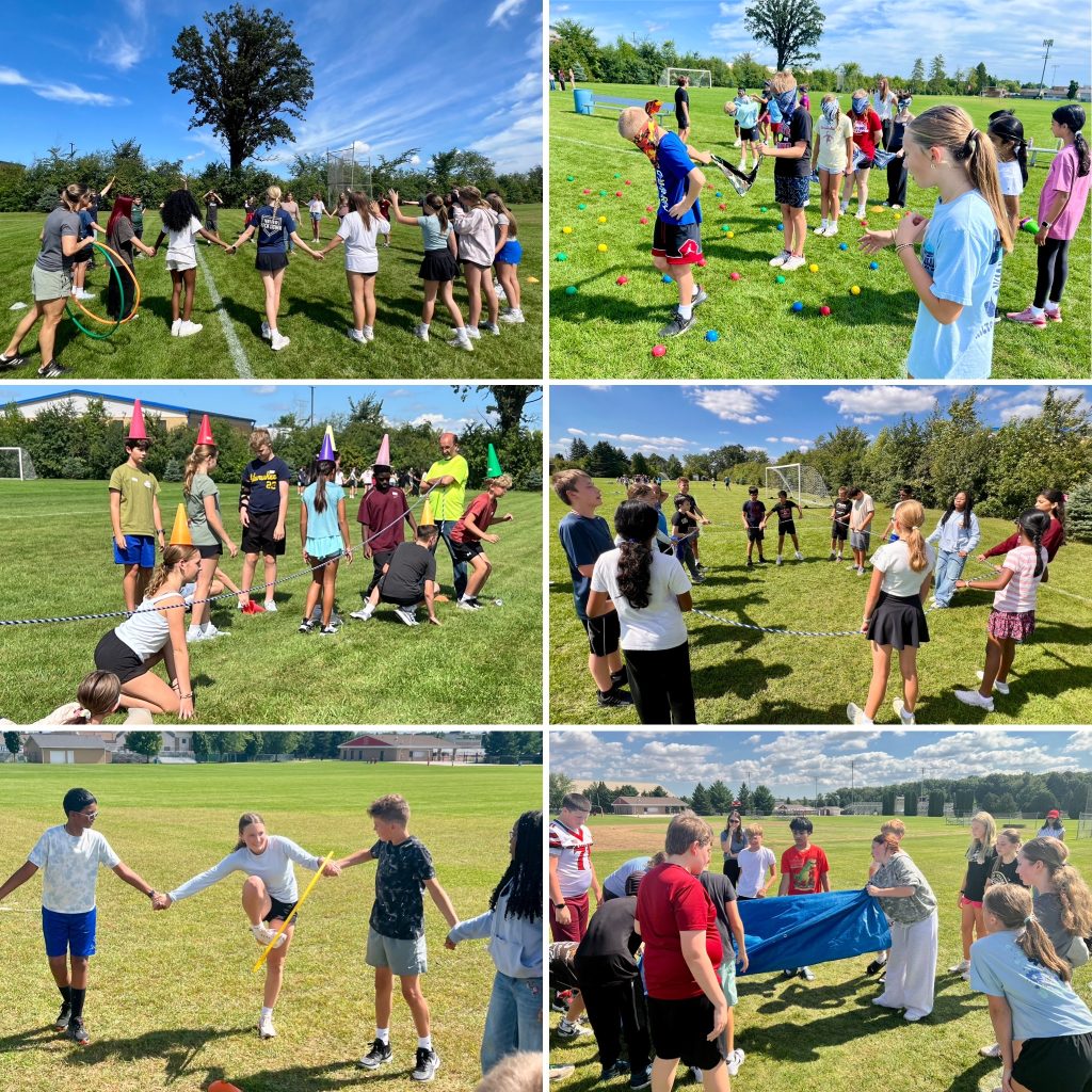 Six photos of students playing outdoor team building activities