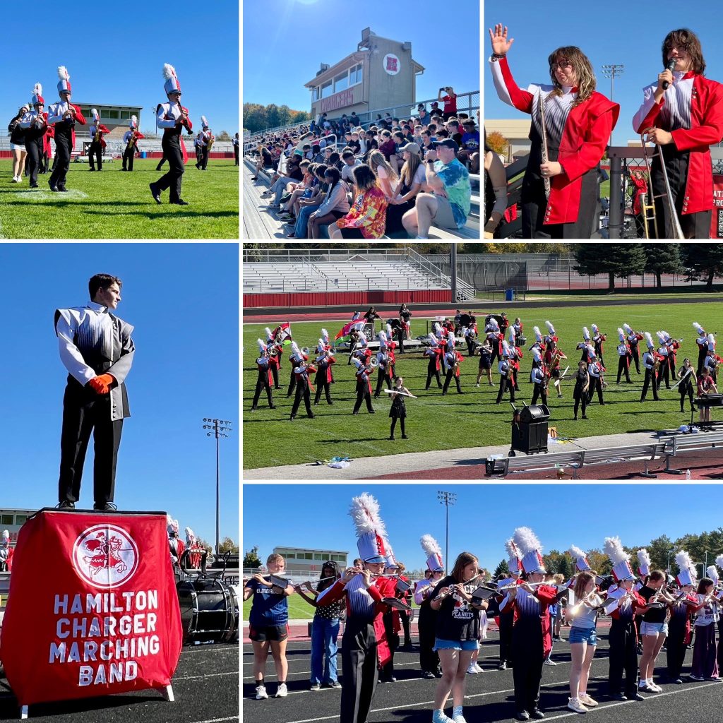 photo collage of high school band members performing for an audience